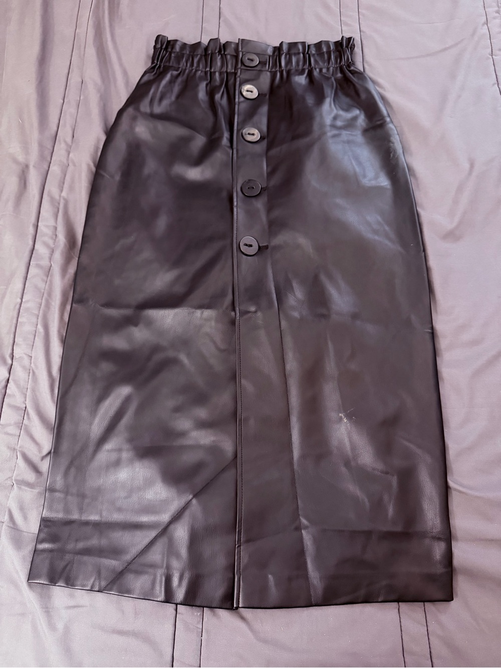 Black Faux Leather Button-Front Midi Skirt